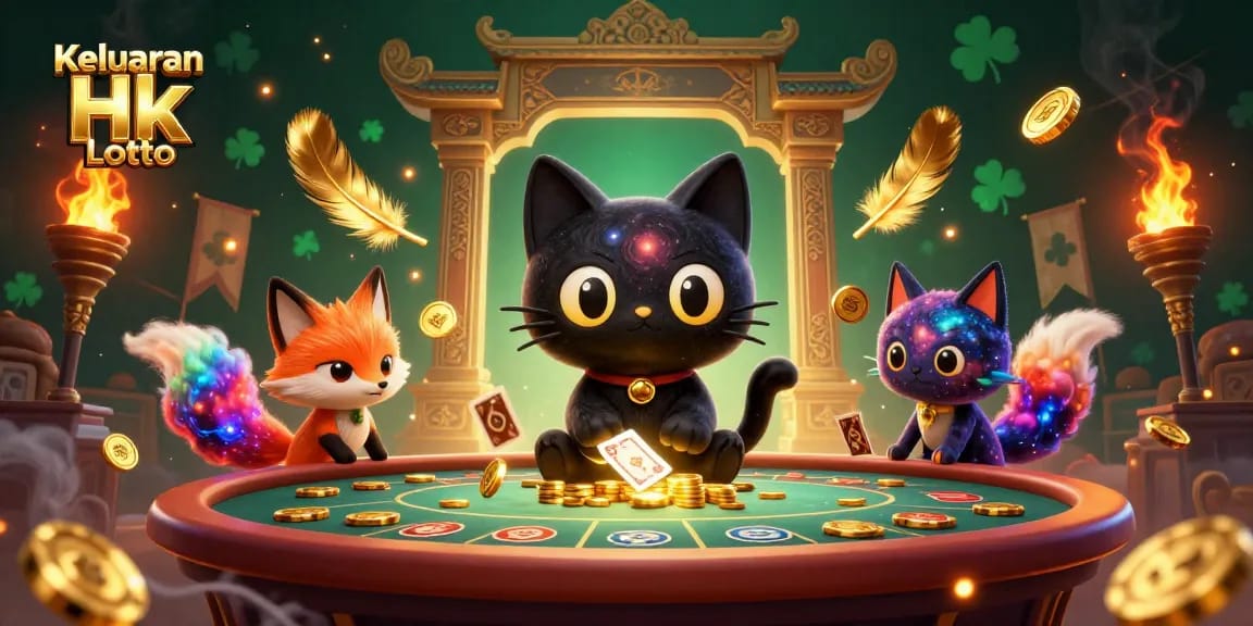 Keluaran Hk Lotto captures an enchanting scene of a black hole cat and nebula fox at a cosmic casino filled with vibrant gold and colors.