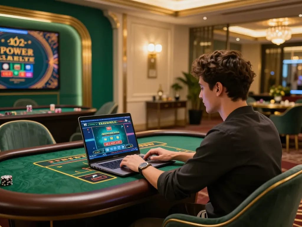 Người chơi casino Sun win tham gia trò chơi với người chia bài trực tiếp trên một chiếc laptop sang trọng trong một không gian sống sang trọng.