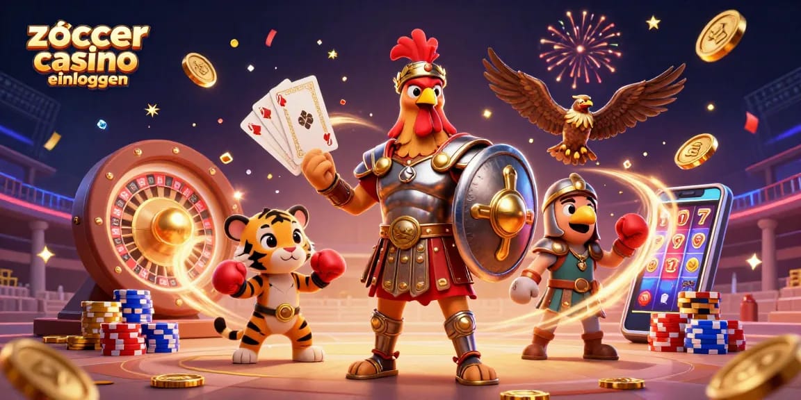 Zoccer Casino Einloggen: 3D-Illustration mit Glücksspiel-Elementen und Charakteren in Aktion.