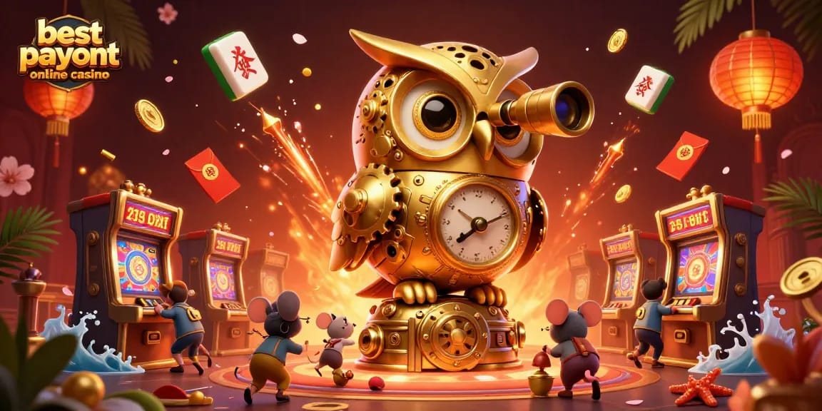 Experience the thrill at the best payout online casino with golden owls and vibrant gaming elements.