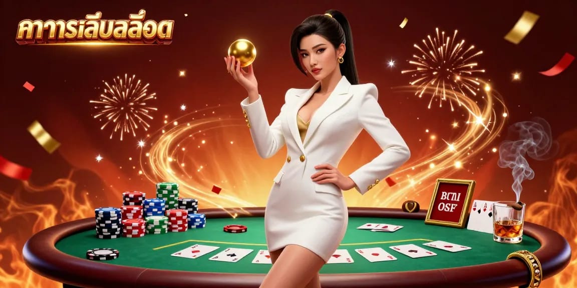 Experience thrilling ทดลองเล่นสล็อต with a stunning Asian dealer showcasing luxury casino elements amid vibrant celebrations.