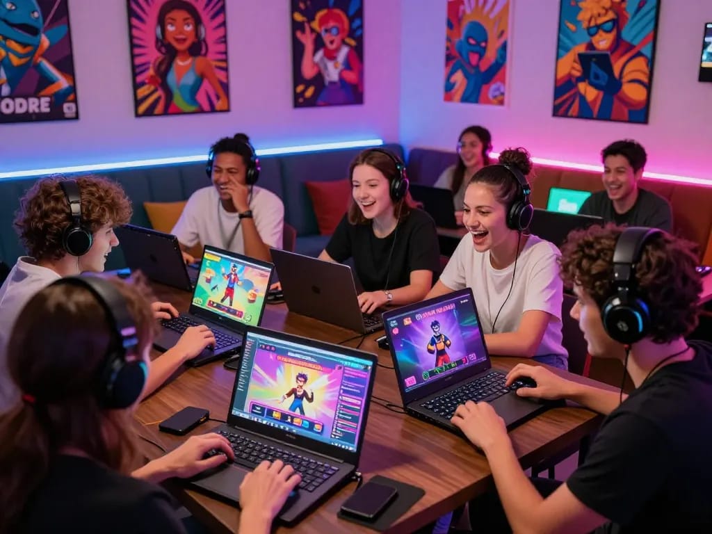 Engaging scene of players enjoying vibrant porn ganes on various devices in a colorful gaming lounge.