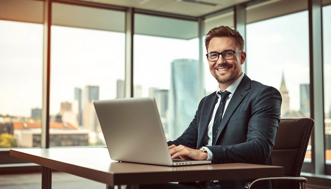 Professioneller Headhunter Frankfurt arbeitet engagiert im modernen Büro mit Skyline im Hintergrund.