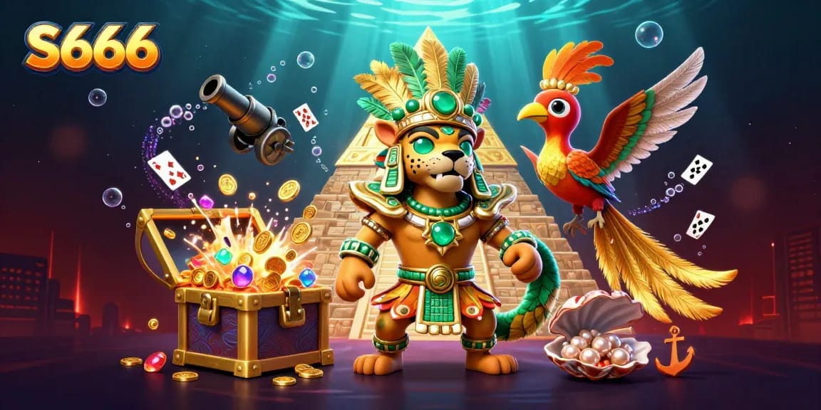 S666 takes center stage in this vibrant casino-themed 3D illustration bursting with gems and gaming elements.