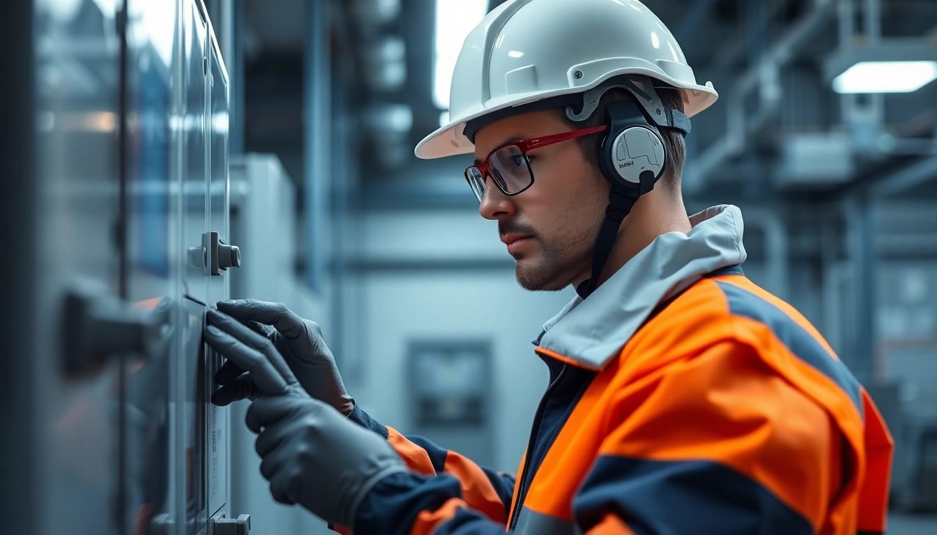 Technician conducting a DGUV V3 Prüfung to ensure electrical safety and compliance in a workplace.