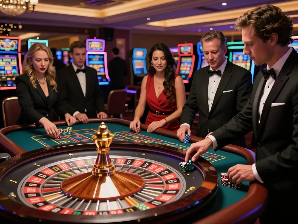 MB66 players engaging in thrilling roulette action at an upscale casino