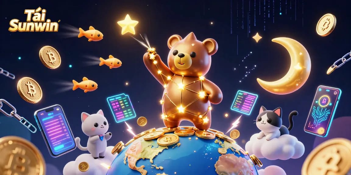 Tải Sunwin and explore an exciting 3D casino with vibrant characters and cryptocurrency elements.