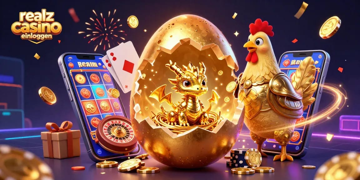 realz Casino einloggen: Entdecken Sie spannende Spielmöglichkeiten im Casino mit einem goldenen Drachen und Pokerchips.