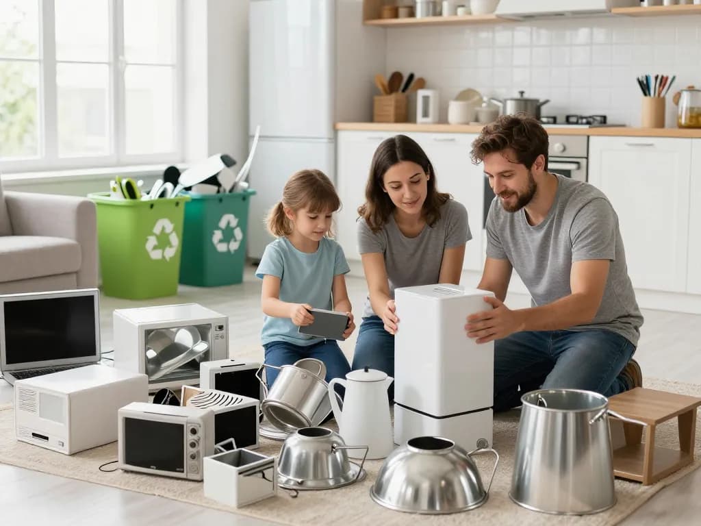Schrotthändler-Service in Aktion, Familie bereitet Metallgegenstände zum Recycling in einem hellen Zuhause vor.