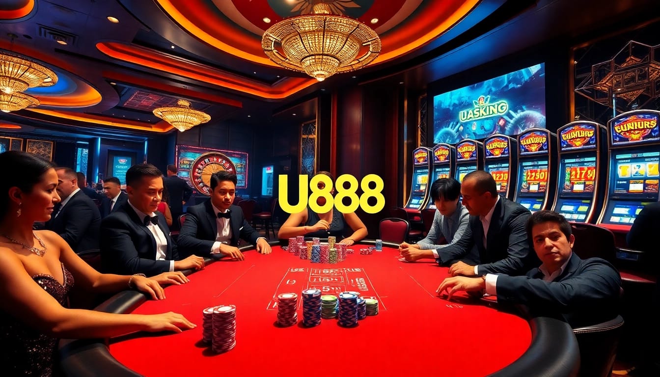 Intense poker action at U888 casino with vibrant colors and luxury elements.