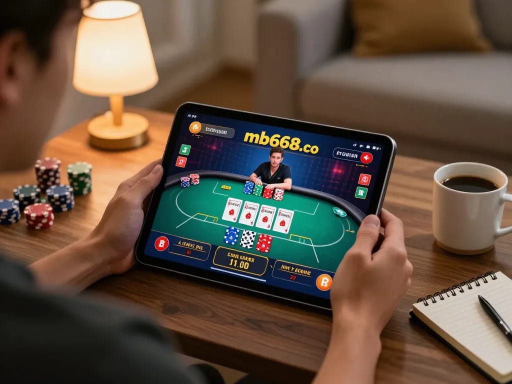 Player engaging in a strategic poker game on mb668.co using a tablet in a cozy home setting