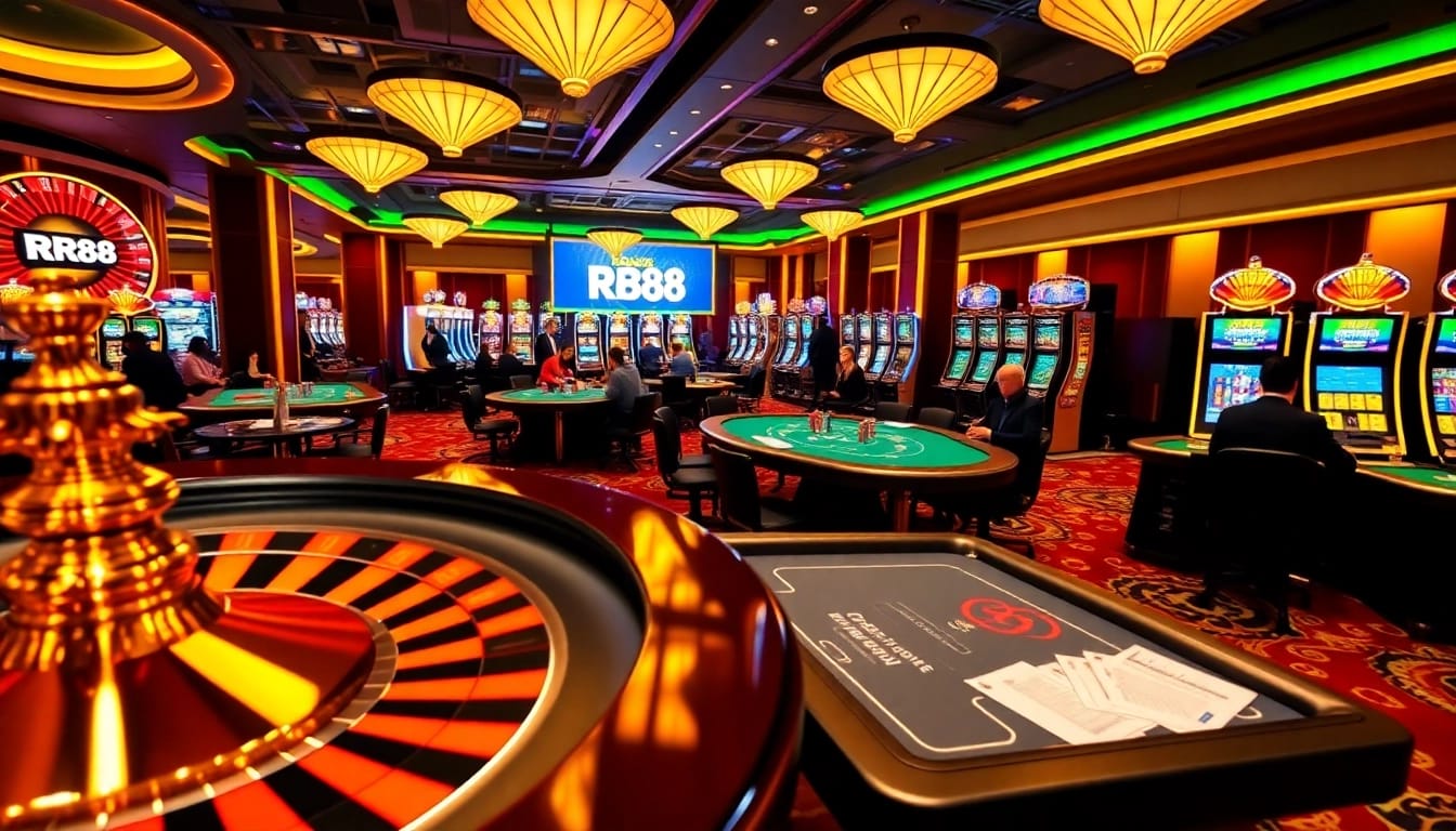 RR88 players engaging in thrilling casino games with vibrant roulette and poker tables.