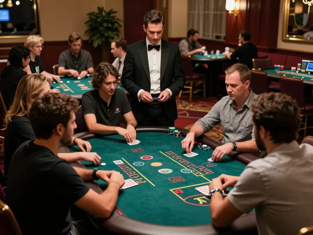 I9BET players strategizing around an upscale poker table, enjoying a thrilling gaming atmosphere