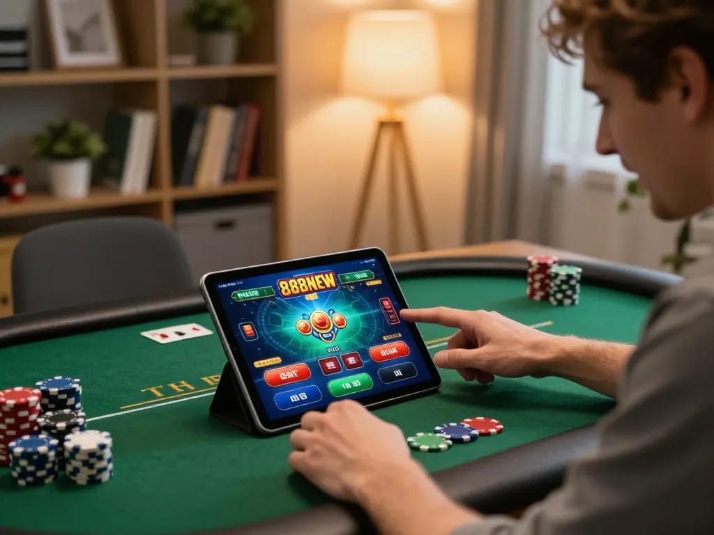 Player enjoying 888NEW app on tablet while managing poker chips in cozy home setup