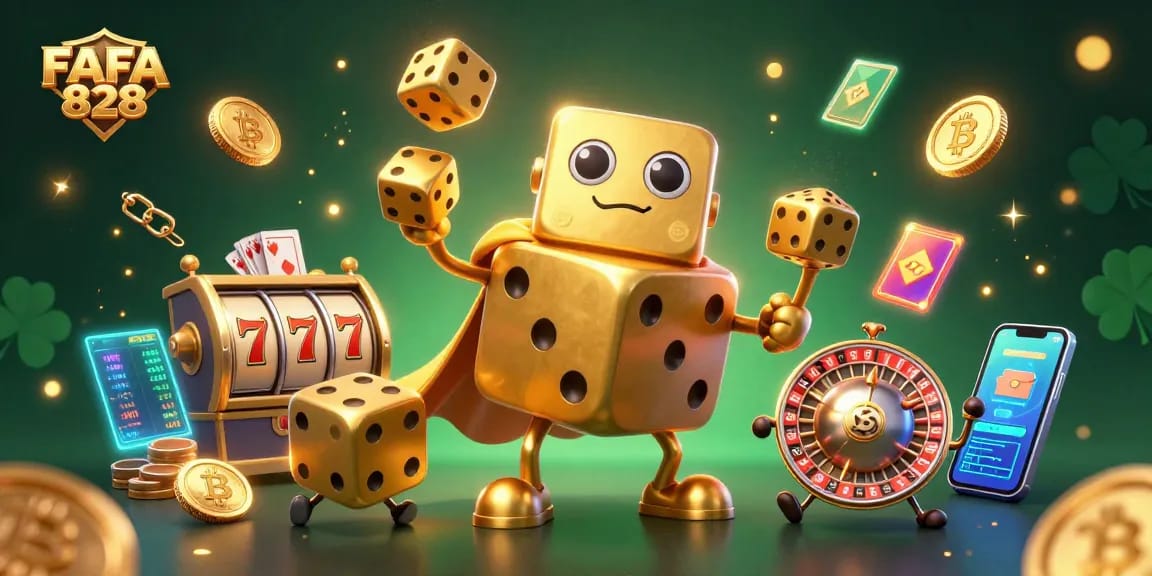 Engage with FAFA 828's lively scene featuring a golden dice golem and slots amidst sparkling casino elements.