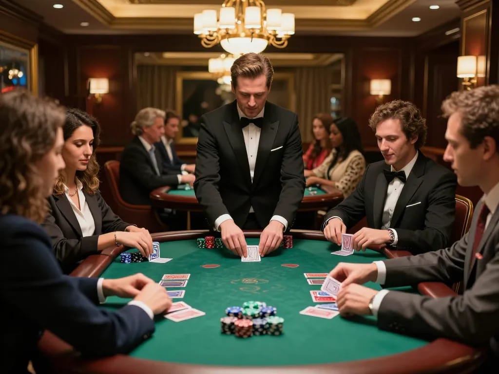 Kuwin players strategizing at a blackjack table in a luxurious casino
