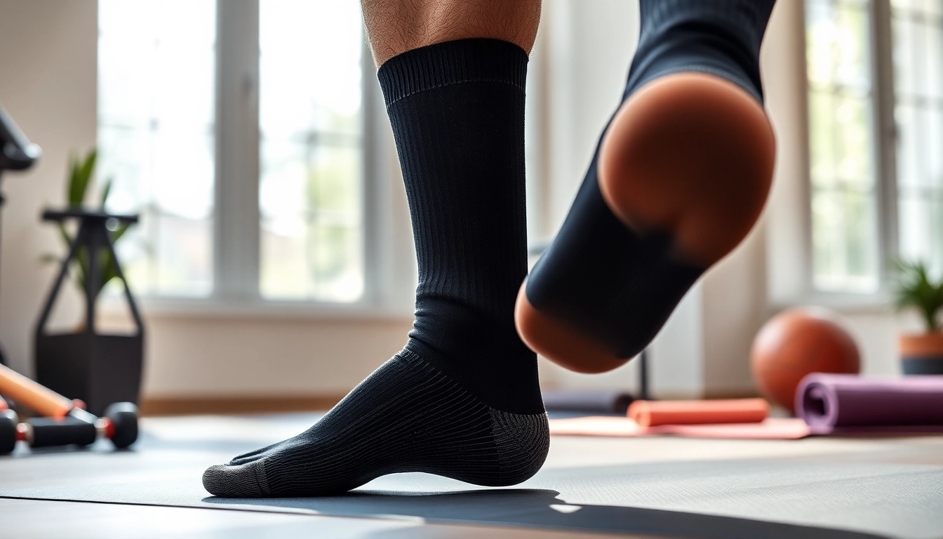 Aktiver Sportler trägt hochwertige schwarze Kompressionssocken, die optimalen Halt und Komfort bieten.