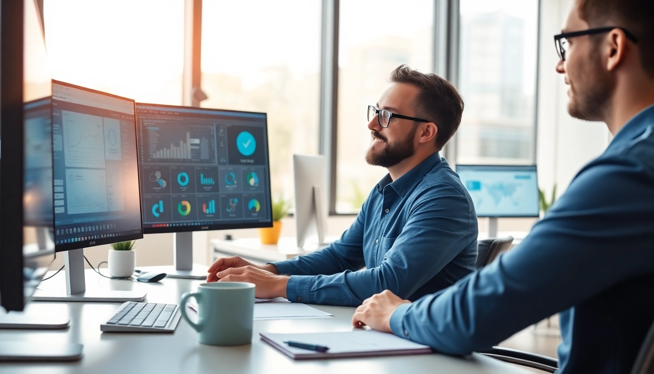 Professionelle Software Hilfe in einem modernen Büro mit Computerbildschirmen.