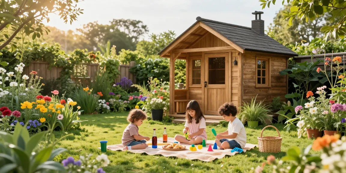 Gartenhaus Holz in idyllischer Umgebung mit Familie, die Spaß im Garten hat.
