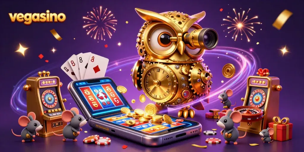 Win big at vegasino with thrilling games and captivating 3D visuals of golden owl and lucky charm elements.