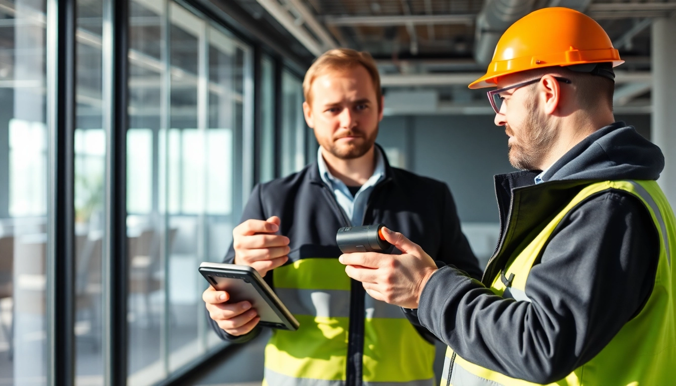 Techniker führt eine DGUV V3 Prüfung in einem Büro durch, um Sicherheitsstandards zu gewährleisten.