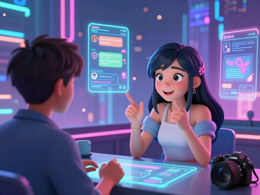 Engaging scene of a female AI character in hentai AI chat against a colorful cyber city backdrop.