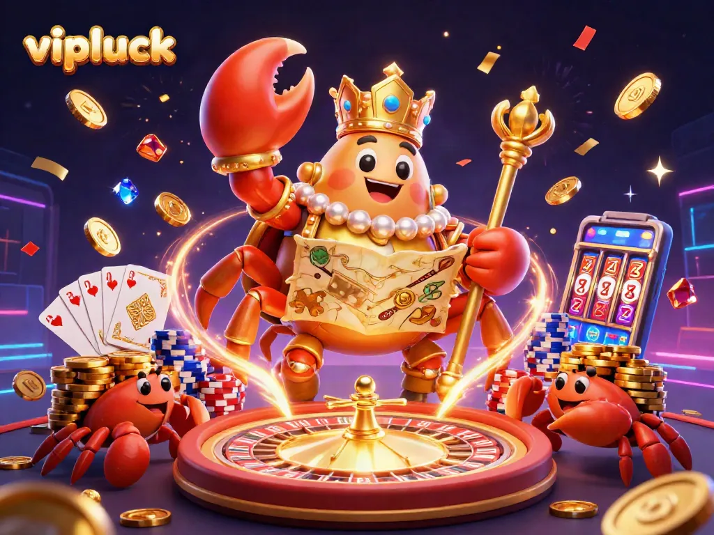 Win big at vipluck with dynamic casino-themed illustration featuring a golden crab and games.