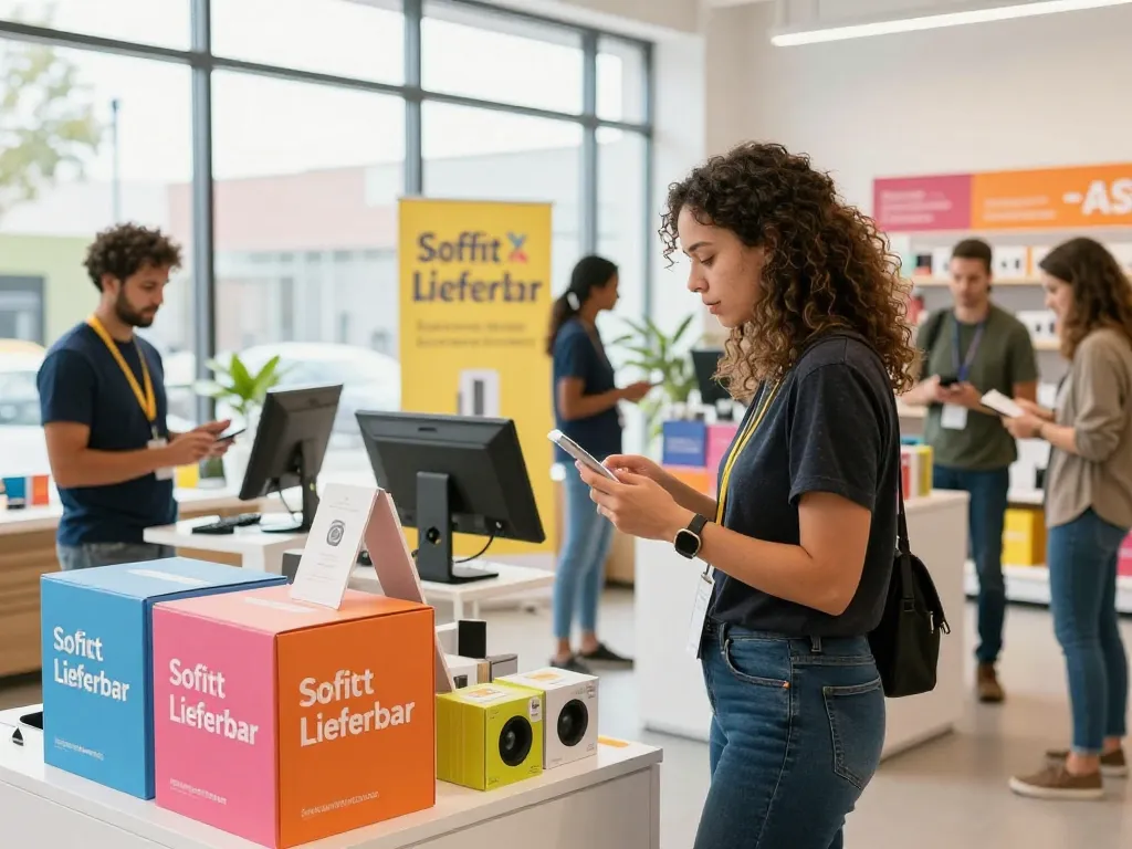 Ein Käufer erkundet stilvolle Produkte, die mit 'Sofort Lieferbar' gekennzeichnet sind, in einer lebhaften Einzelhandelsumgebung, die sofortige Verfügbarkeit zeigt.