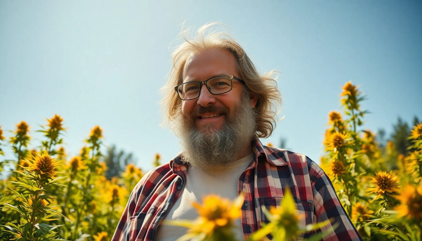 Jack Herer inspiriert in einem sonnigen Garten, umgeben von lebendigen Hanfpflanzen, symbolisiert seinen Aktivismus für die Legalisierung.