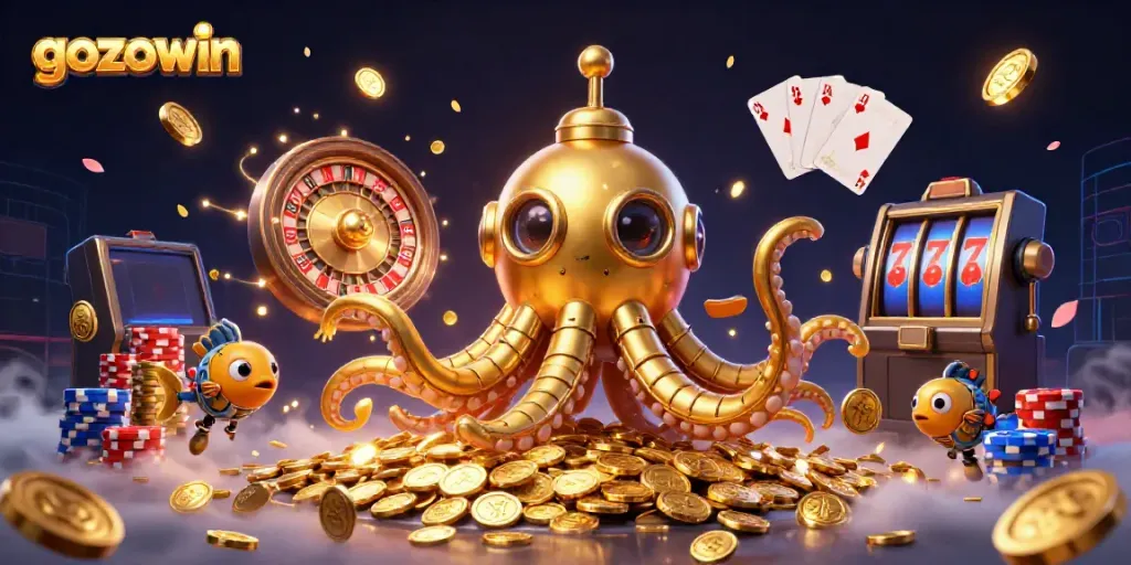 Experience the thrill of gozowin with a golden kraken submarine and casino elements in a dazzling scene.