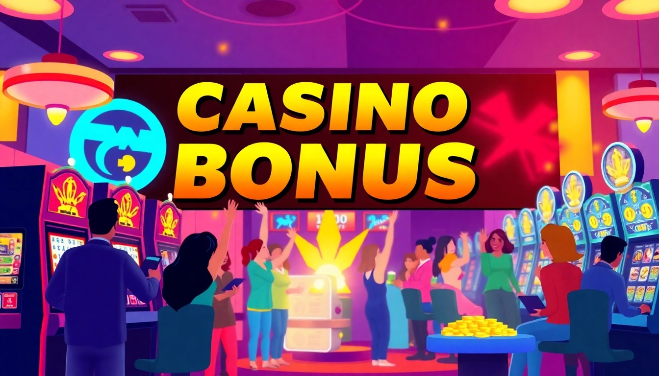 Experience an exciting Casino Bonus celebration with diverse players winning at vibrant online slots.