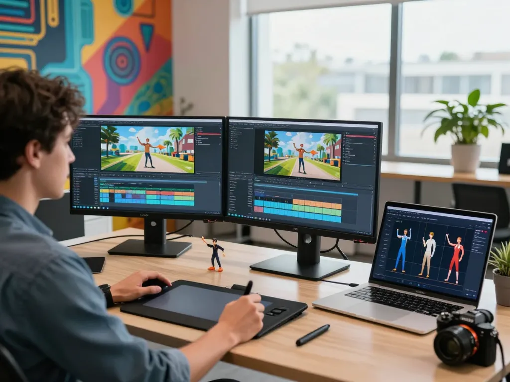 Dynamic workspace featuring motion control ai technology in use, showcasing animated graphics and creative tools.