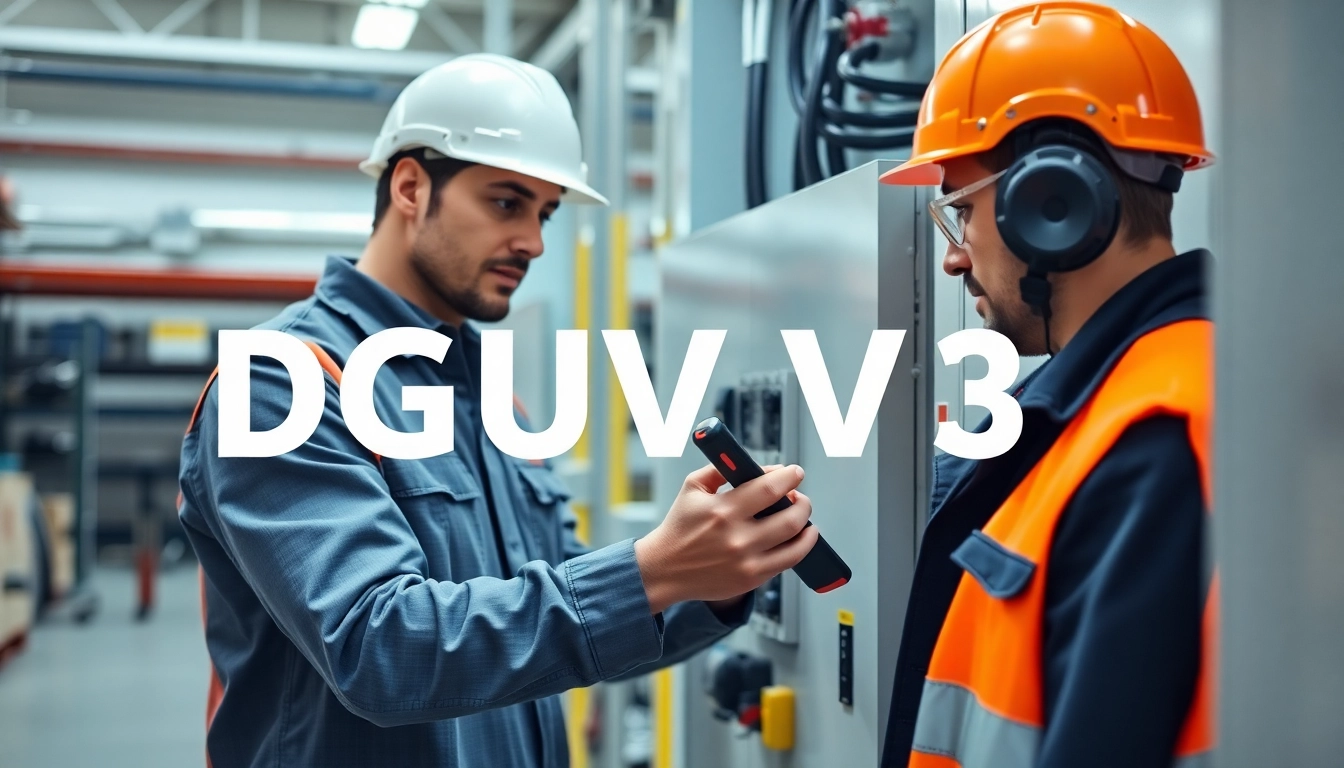 Technician conducting DGUV V3 Prüfung on electrical devices, ensuring workplace safety compliance.