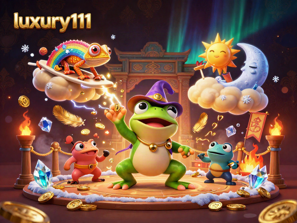 Experience luxury111 magic with the 3D wizard frog and chameleon in an enchanting casino scene.