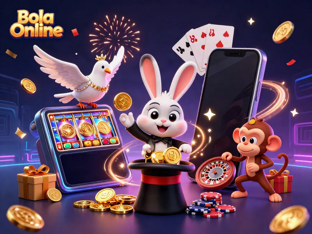 Bola Online showcases a magical scene with a magician rabbit, dove, and monkey in an engaging online casino setting.