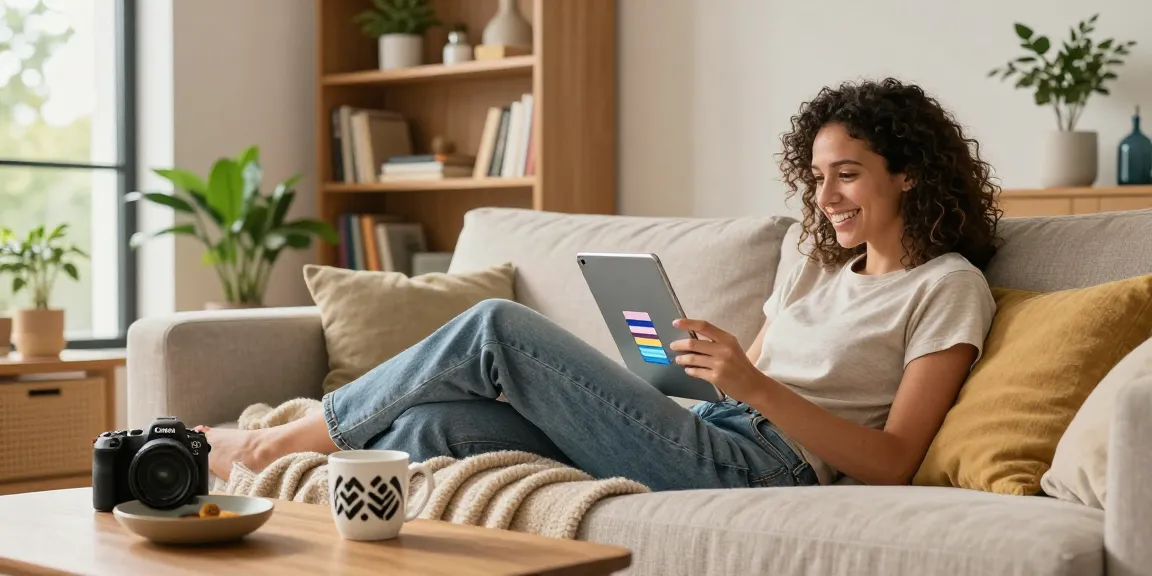 Excited shopper exploring Amazon Tagesangebote on a tablet in a cozy living room.
