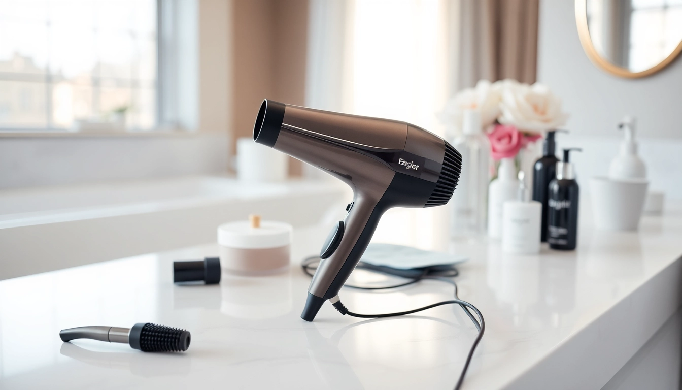Laifen haartrockner auf einem eleganten Waschbecken mit Haarpflegeprodukten.