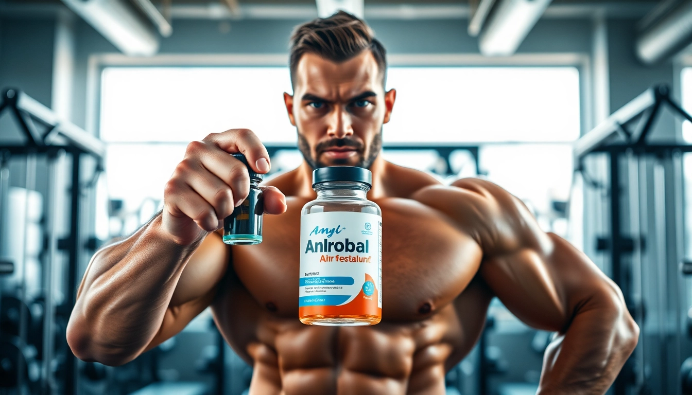 Der Androbal Testosterone Compound wird von einem muskulösen Athleten in einem modernen Fitnessstudio gehalten.