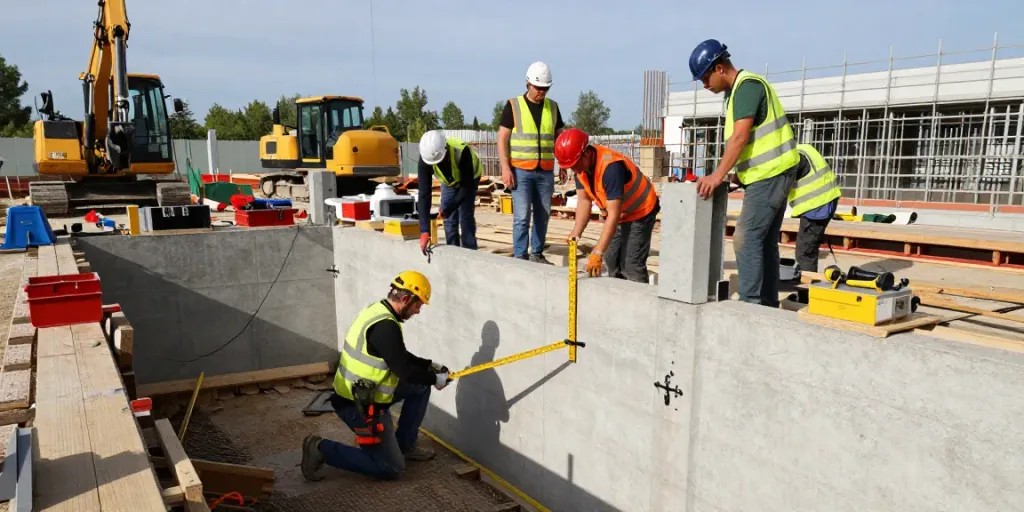Baugrubensicherung auf einer Baustelle mit Facharbeitern, die Sicherheitsvorkehrungen treffen