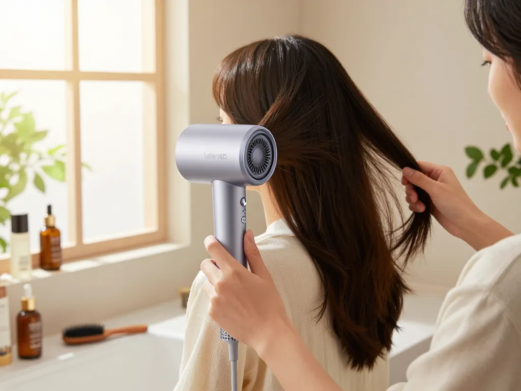 Erleben Sie die transformative Kraft des Laifen NEO Haartrockners in einem stilvollen Badezimmer-Setup für luxuriöse Pflege.
