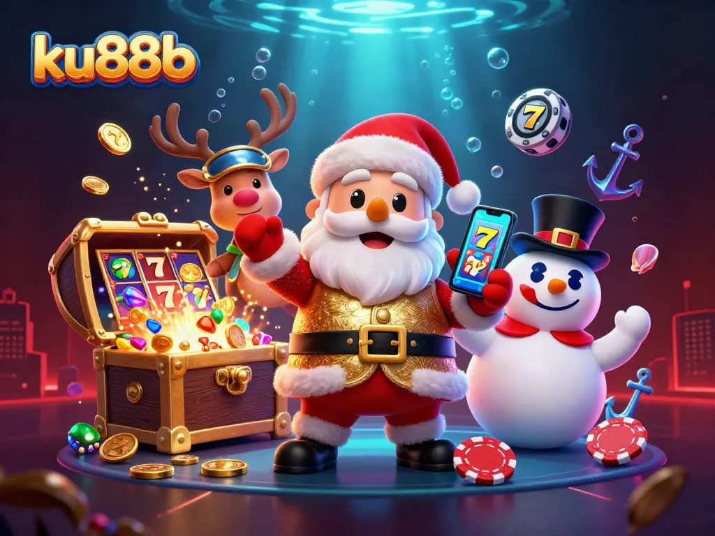 Spin the reels with ku88b's exciting jackpot slots alongside festive characters in a vibrant casino scene.