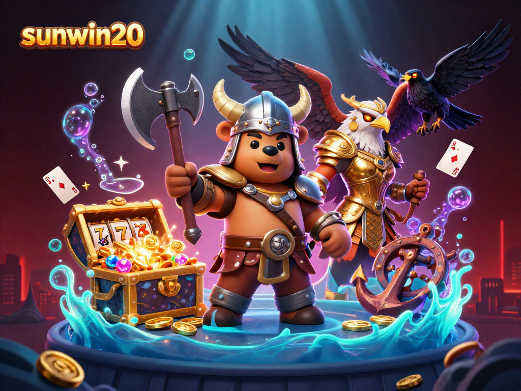 Experience the excitement of sunwin20 in a vibrant cartoon scene filled with treasure, slot reels, and mystical characters.
