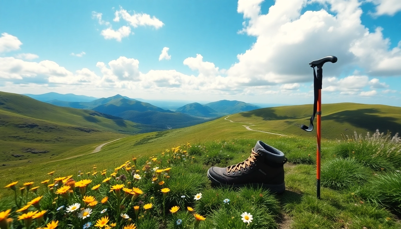 Wanderer genießt die Aussicht auf den Kerry Way Irland mit blühenden Blumen im Vordergrund.