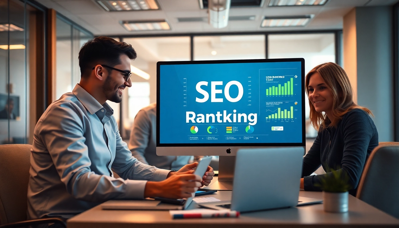 Visualisieren Sie das SEO-Ranking mit einem agilen Team, das in einer modernen Büroumgebung an Methoden zur Verbesserung der Suchmaschinenplatzierung arbeitet.