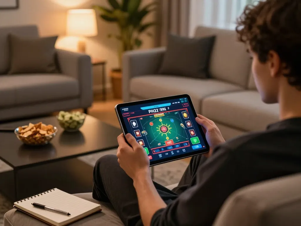 Engaging home gaming scene featuring player using PH22 app for online betting strategy.