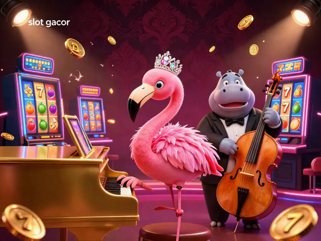 Engage with the vibrant slot gacor scene featuring a flamingo singer and hippo bassist among dynamic slot machine elements.