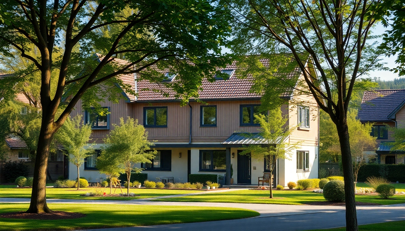 Visualisieren Sie den Traum vom Hauskauf durch ein modernes Einfamilienhaus in einer malerischen Vorstadt, umgeben von Natur.