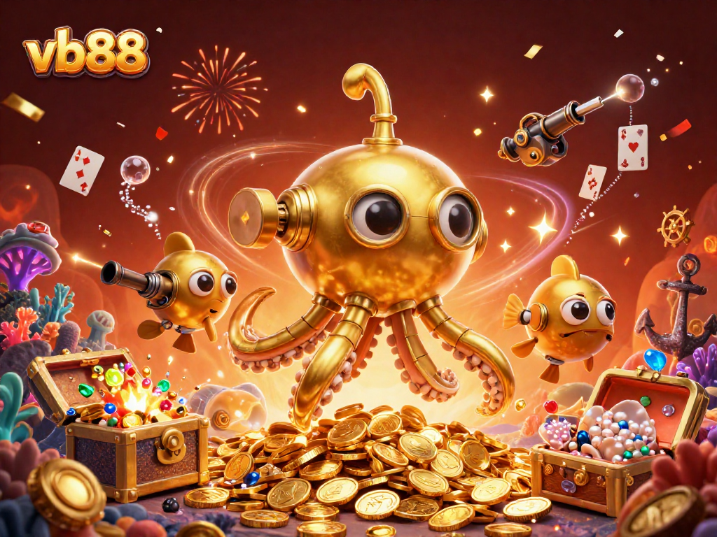 Experience thrills at vb88 with a golden kraken submarine and vibrant casino elements.