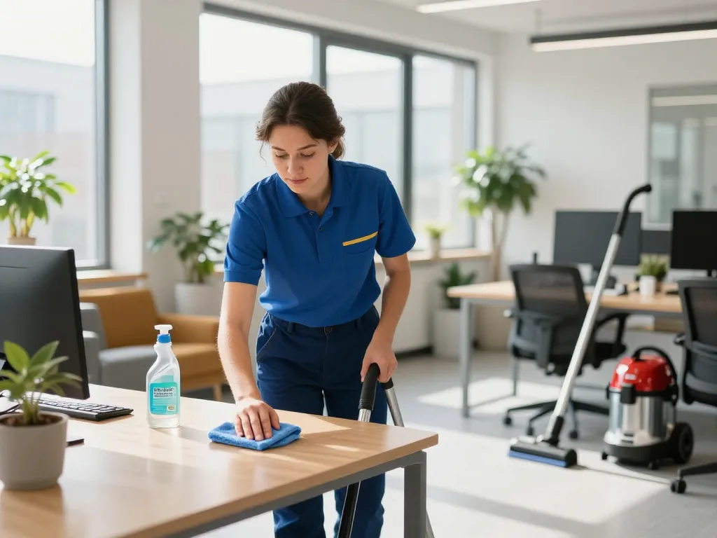 Professioneller Reiniger zeigt Qualität Reinigungsdienst in Münster, reinigt ein Büro mit umweltfreundlichen Produkten.