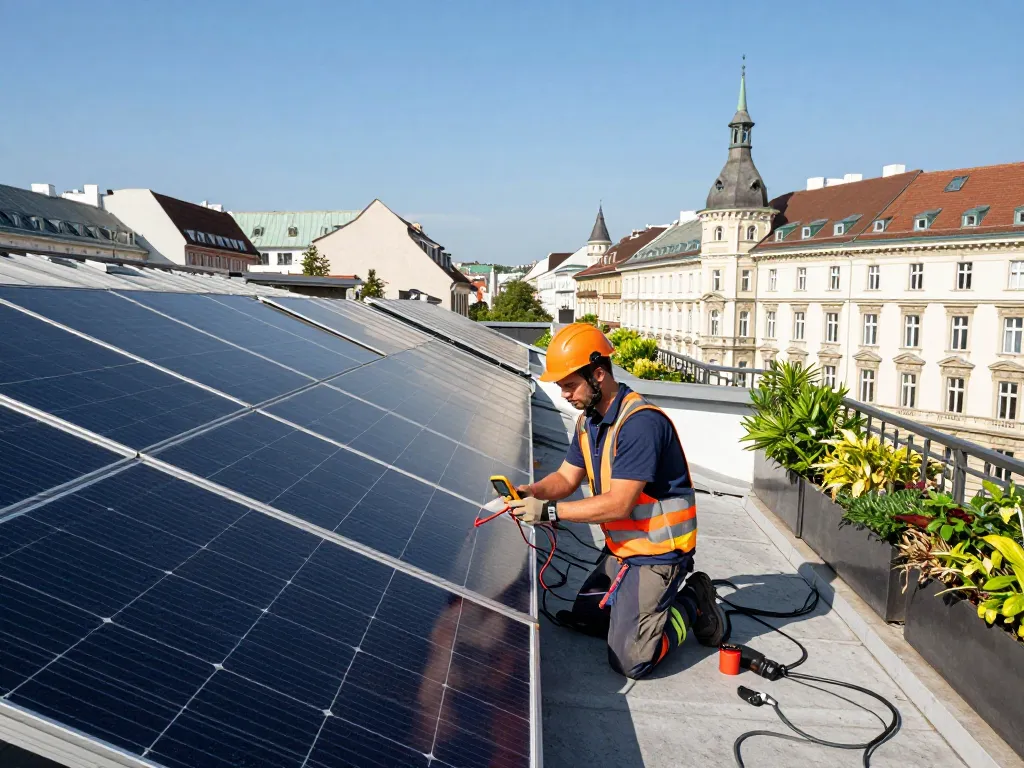 Techniker prüft Photovoltaik Wien Dachsolarpanels in urbanem Wien.